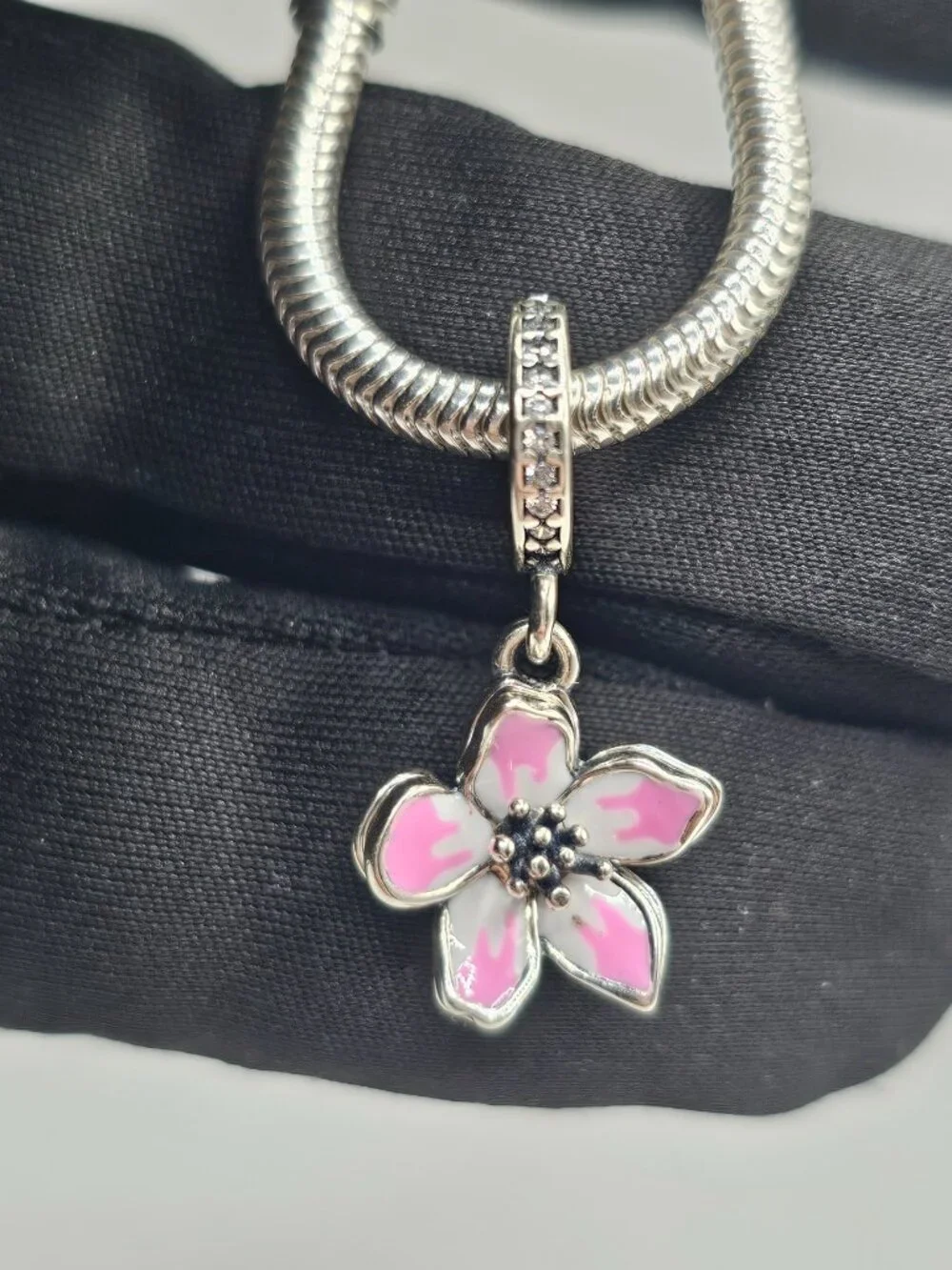 Sterling Silver 925 Rhodium Plated CZ Dangling Cherry Blossom Charm